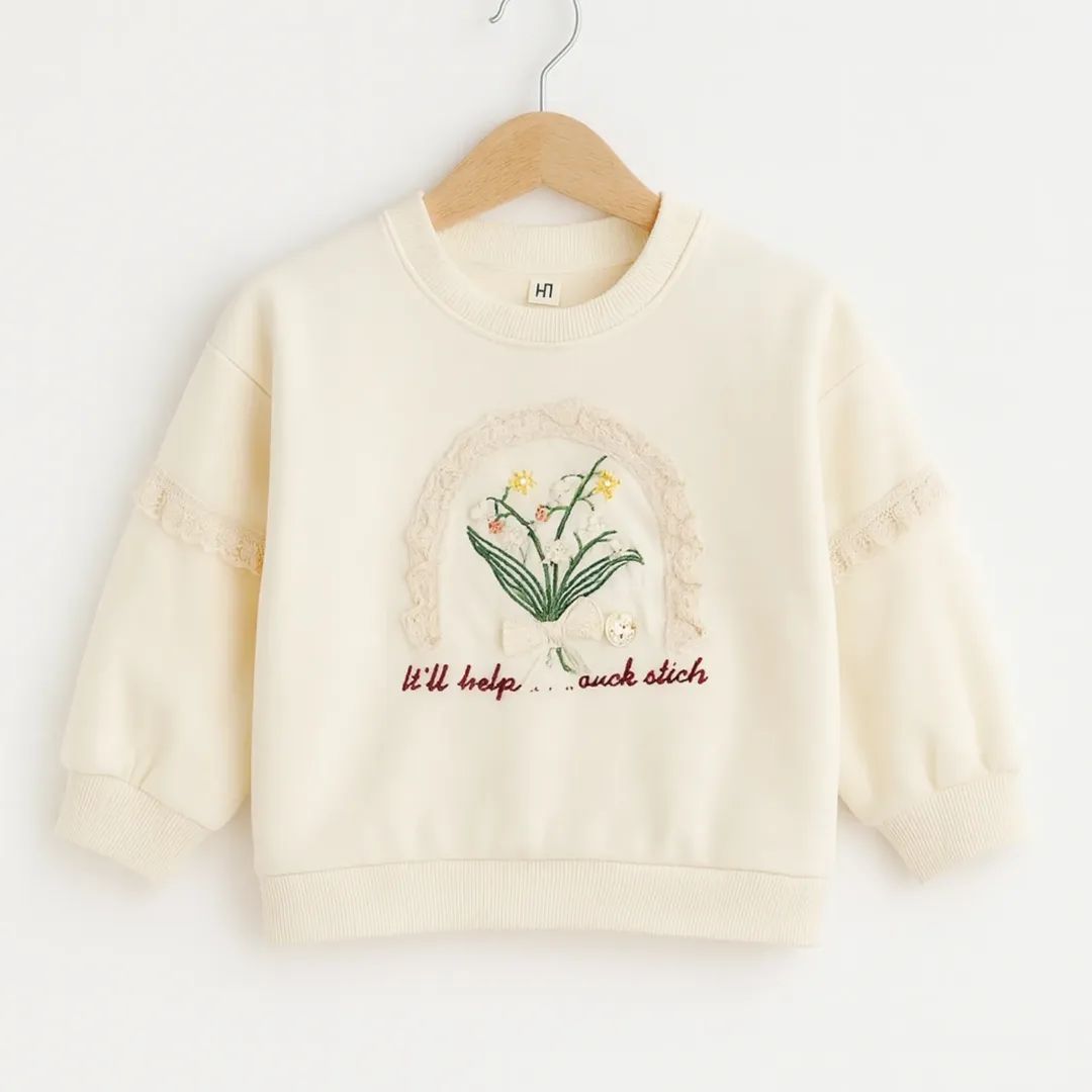 بلوز دخترانه گلدوزی‌شده کرمی‌رنگ با آستین‌های پفی